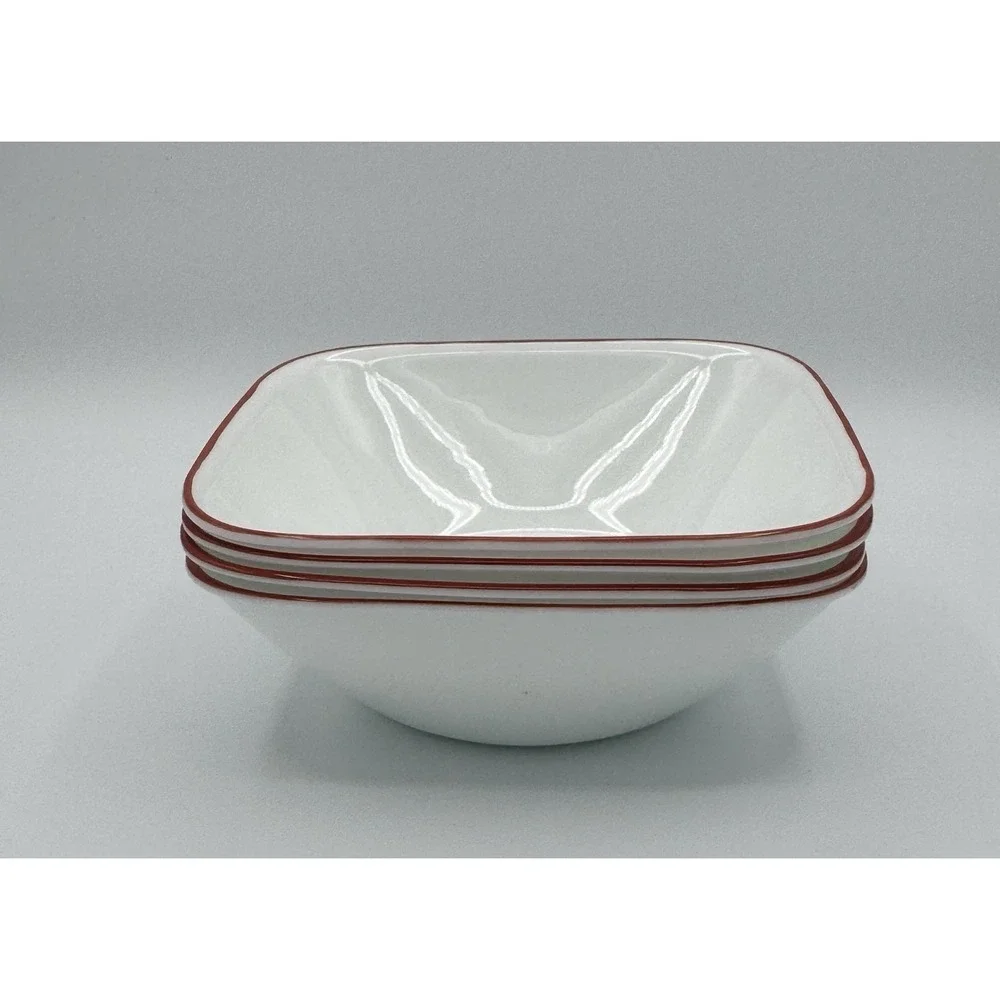 Corelle Happy Days Set of 4 Square Soup Cereal Bowls White Red‎ Rim USA